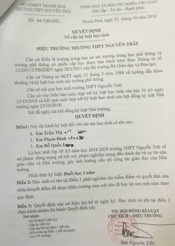 Thanh Hóa:  Vụ 7 học sinh bị đuổi học vì xúc phạm thầy cô trên facebook: Thu hồi các quyết định kỷ luật