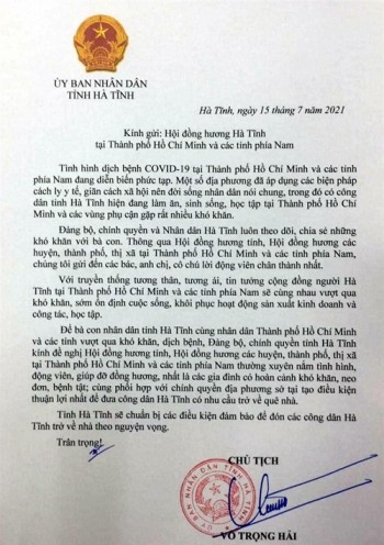 Chủ tịch Hà Tĩnh gửi tâm thư sẵn sàng đón bà con trở về từ TP.HCM
