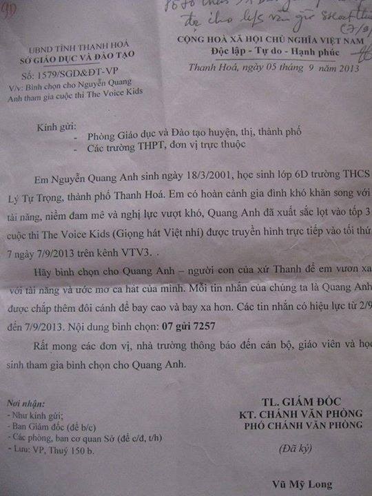 Sở GDĐT Thanh Hóa ra công văn chỉ thị bình chọn cho Quang Anh?