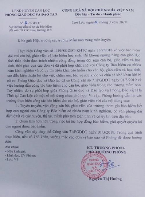 Công văn chỉ đạo tham gia Bảo Việt của phòng GD&ĐT huyện Can Lộc. Ảnh: Infonet