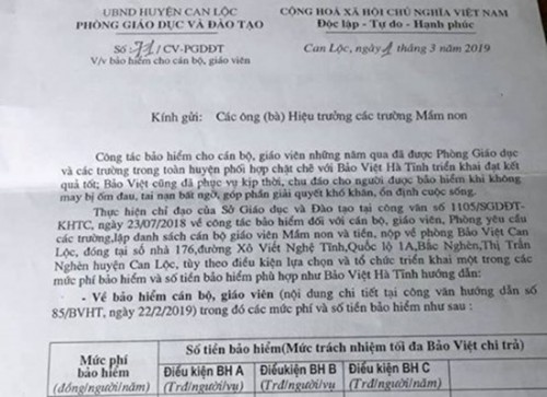 Công văn chỉ đạo tham gia Bảo Việt của phòng GD&ĐT huyện Can Lộc. Ảnh: Infonet