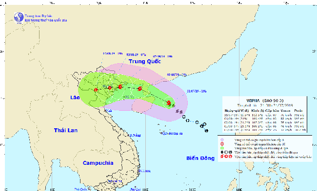 Vị trí và đường đi của cơn bão số 3. Ảnh: Trung tâm Dự báo khí tượng thủy văn quốc gia